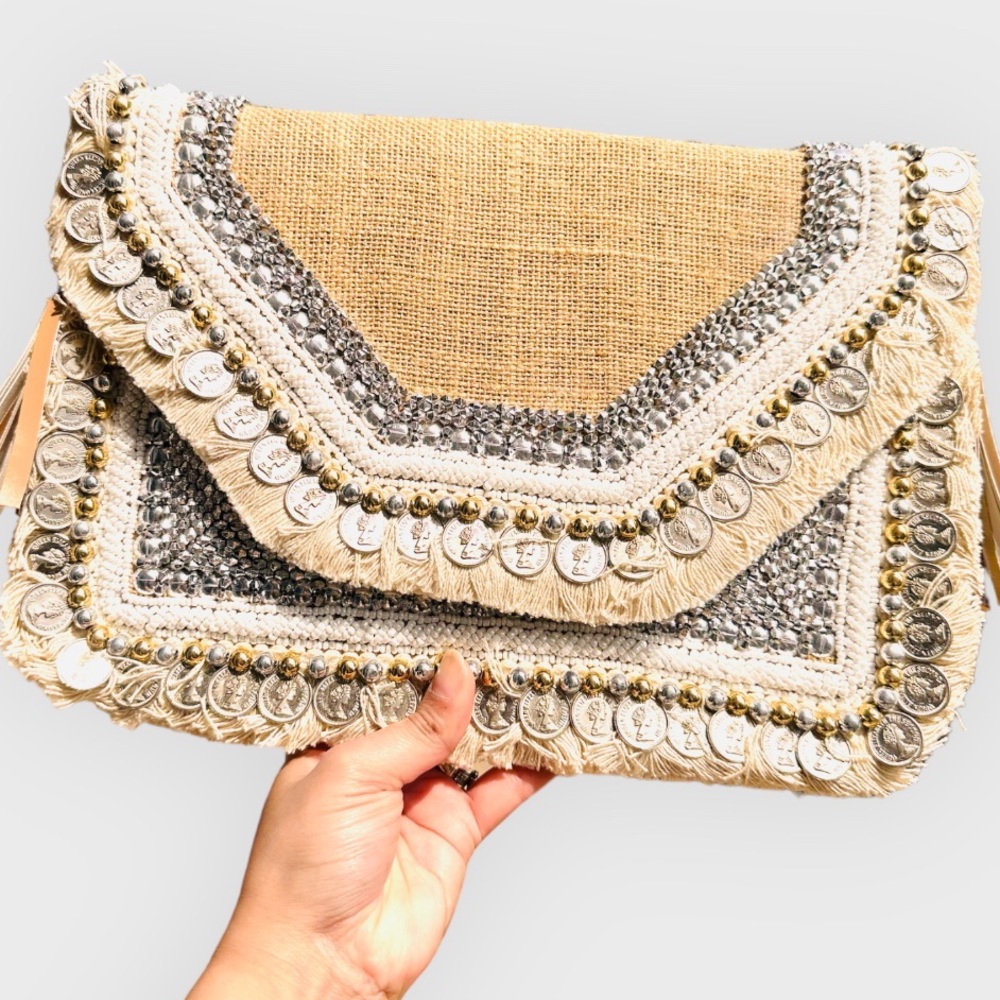 Bohemian Envelope Wristlets Banjara Clutch Beige And White Color With tassels